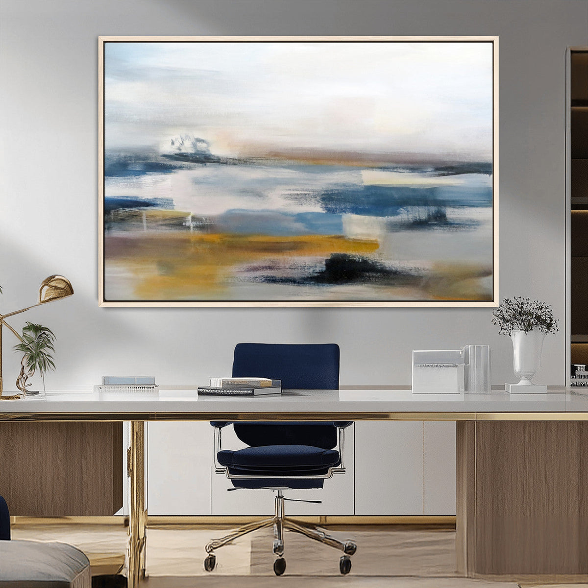 Abstract Landscape Wall Art Canvas | 3 Panel Modern Blue, Gold and White Canvas Art