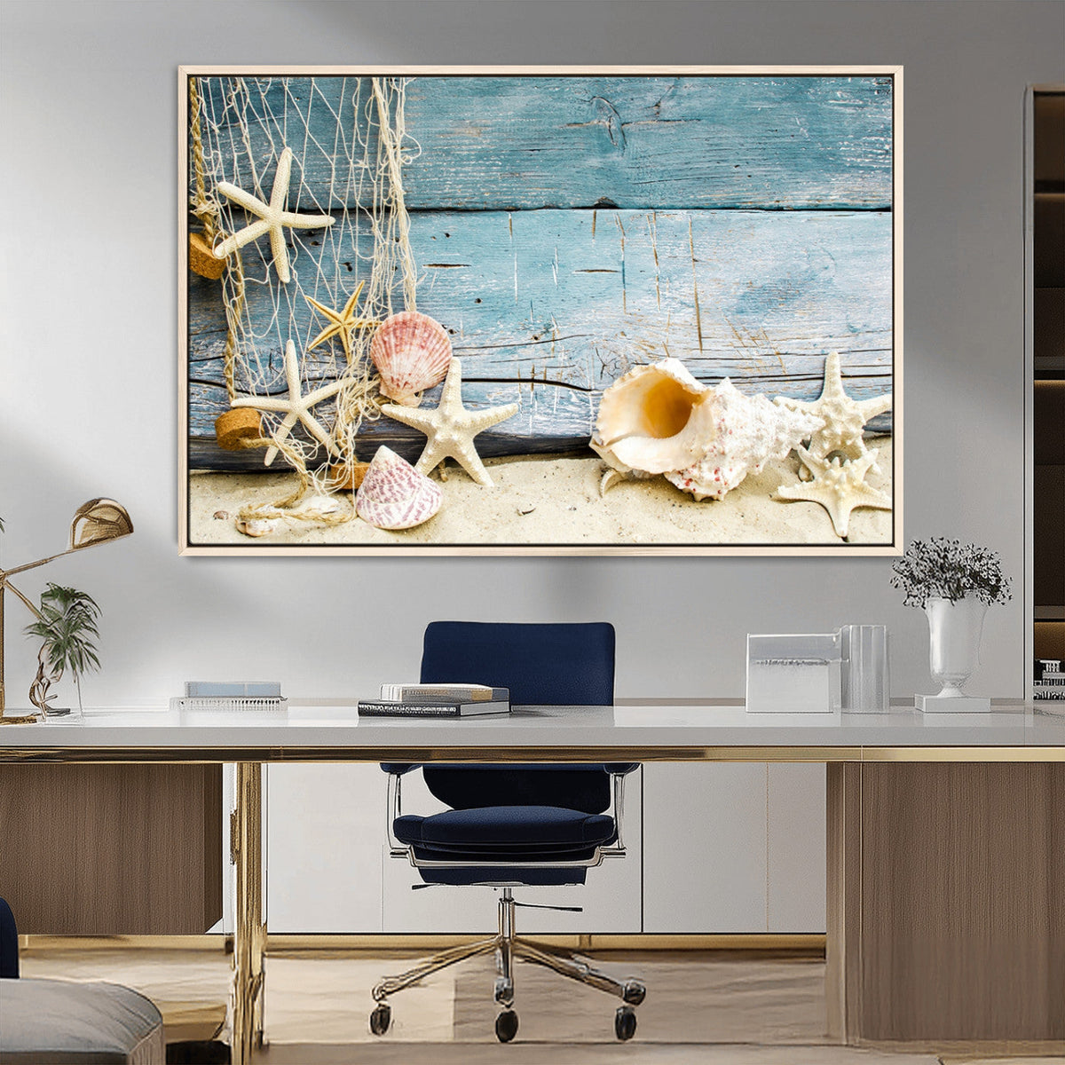 Seashells on Rustic Wooden Background, Seashells Wall Art