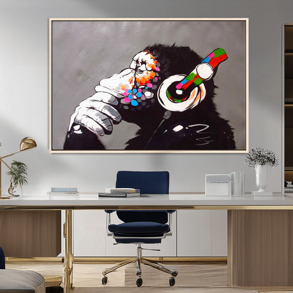 DJ Monkey Listening to Music Wall Art Print | Banksy Monkey Large Canvas Print