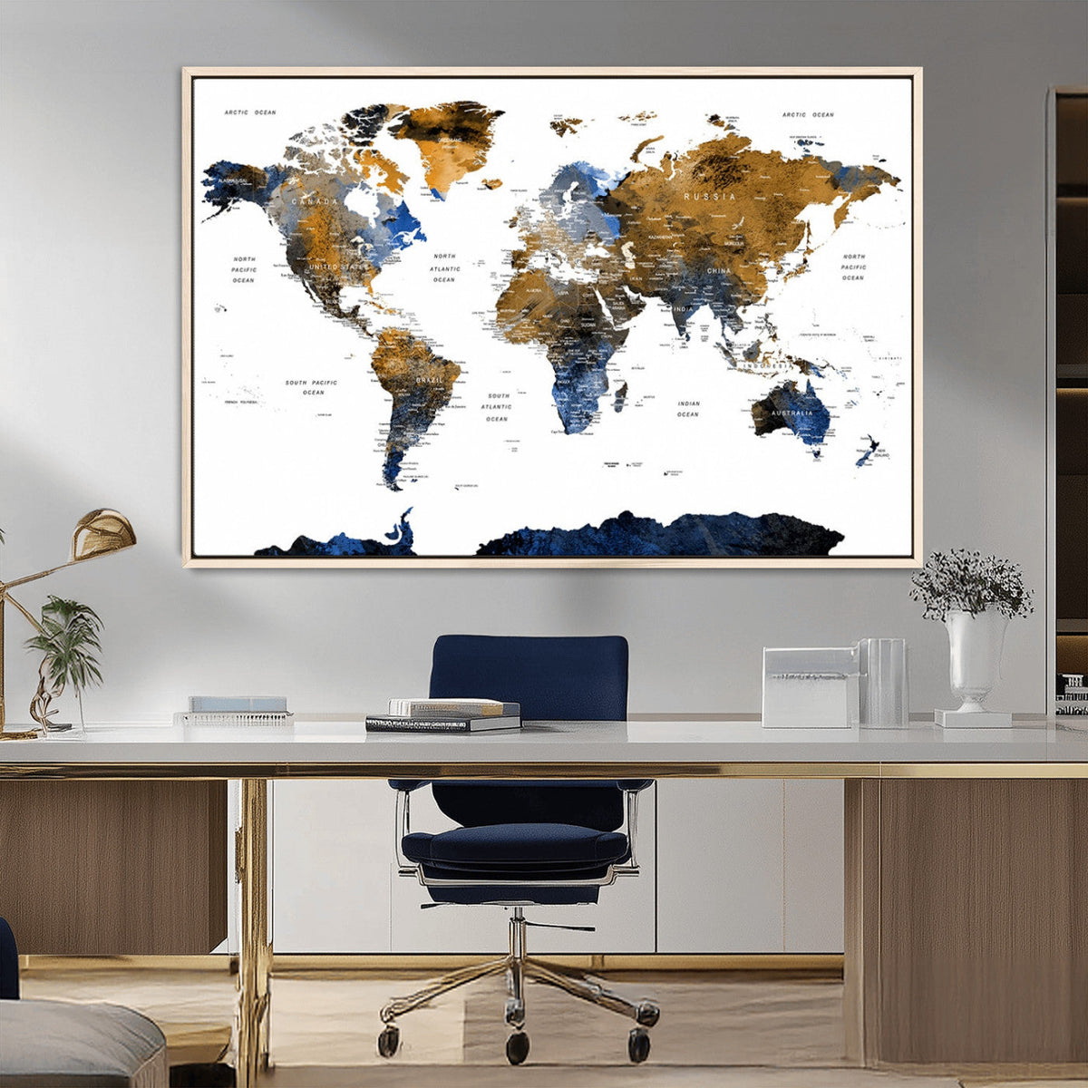 Modern Abstract World Map Canvas Wall Art | Framed Blue and Gold Map Print