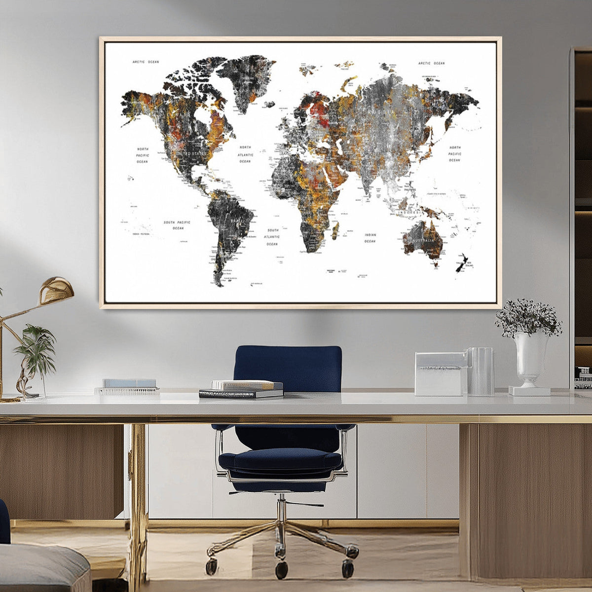 Modern Metallic World Map Canvas Wall Art | Framed Contemporary World Map Print