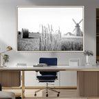Vintage Farmhouse Black and White Triptych Wall Art, Giclee Canvas with Wheat Fields, Hay Bales and Windmill