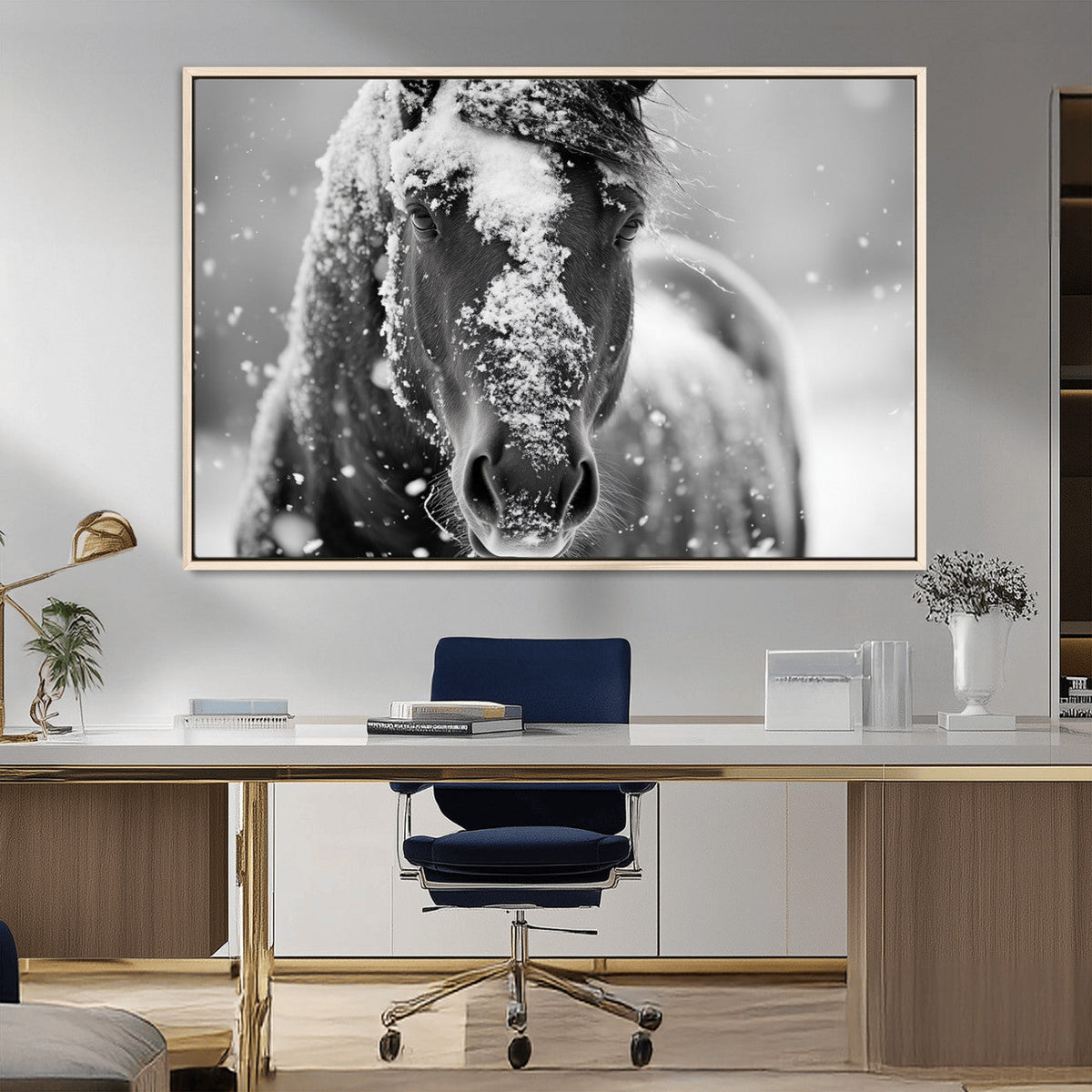 Black and White Horse Winter Wall Art, Ready to Hang