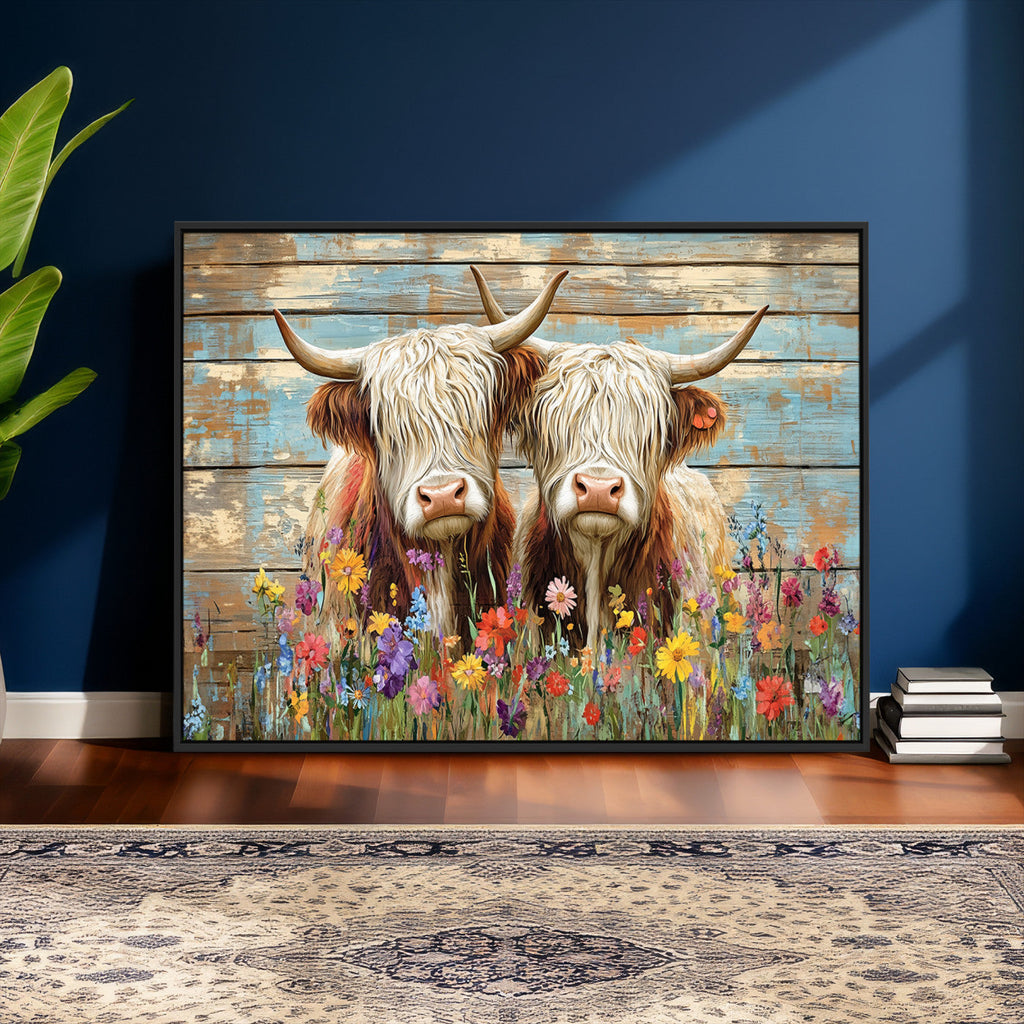 Cute Highland Cow Canvas Wall Art - Rustic Farmhouse Decor
