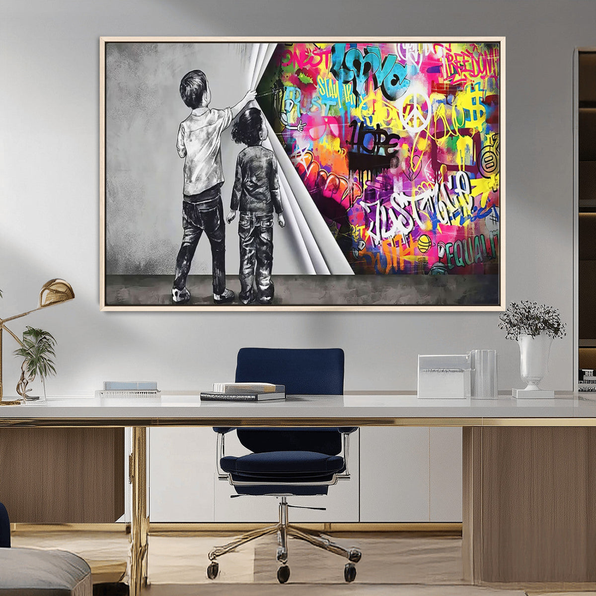 Banksy Print, Street Art Canvas Wall Art, Kids Revealing Graffiti, Urban Modern Decor
