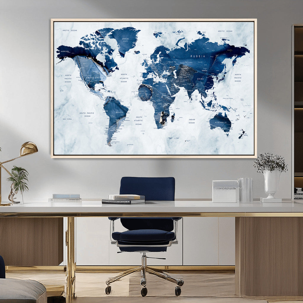 Modern Blue World Map Canvas Print | Elegant Travel Map Wall Art for Home Office
