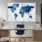 Modern Blue World Map Canvas Print | Elegant Travel Map Wall Art for Home Office