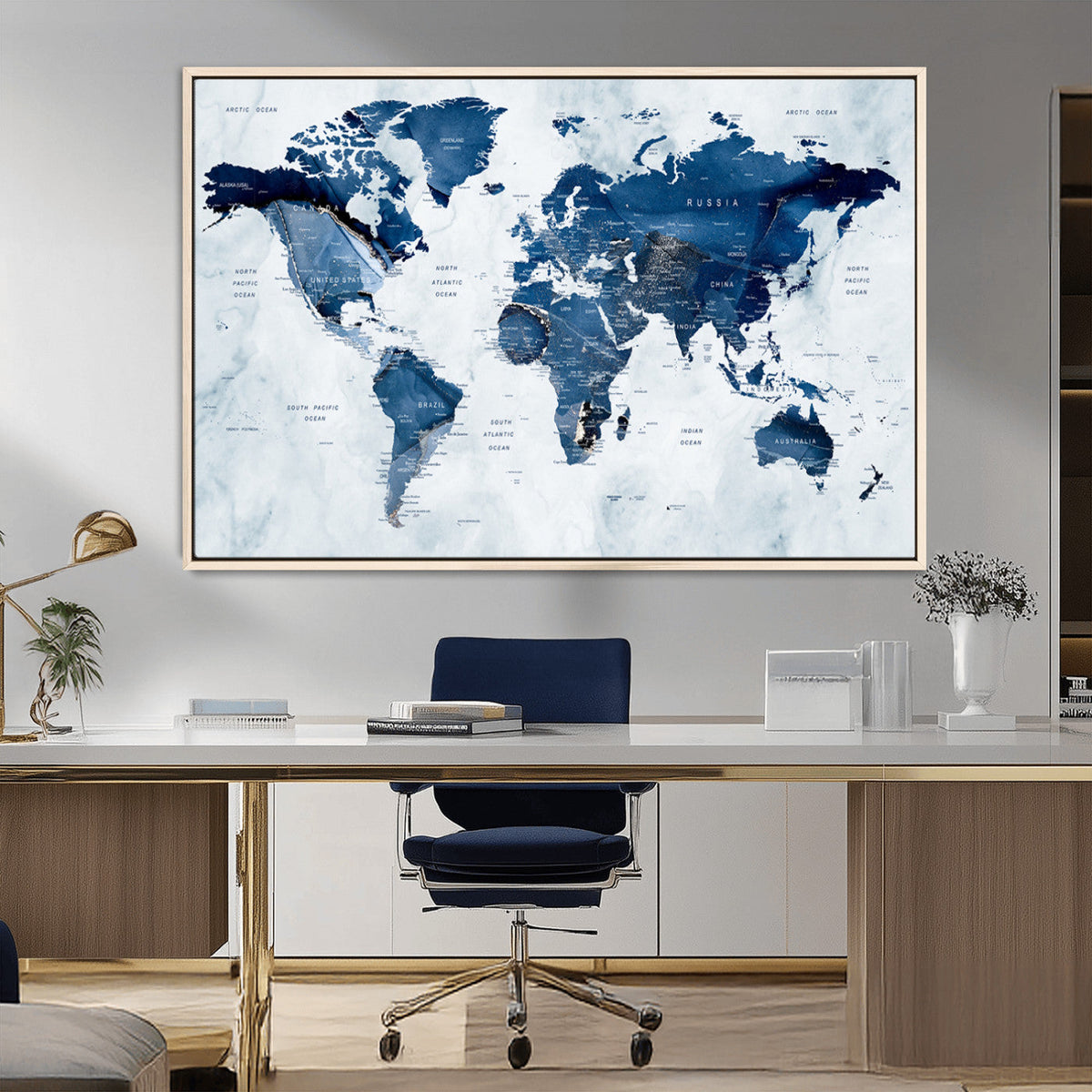 Modern Blue World Map Canvas Print | Elegant Travel Map Wall Art for Home Office