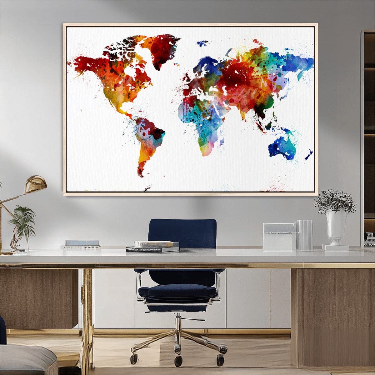 Colorful World Map Canvas Wall Art Print, Contemporary Global Map Artwork