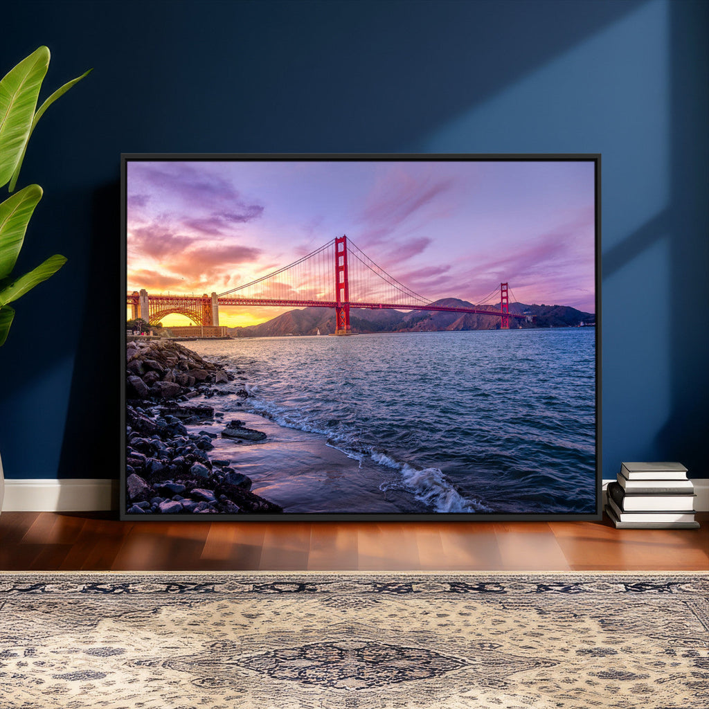 Golden Gate Bridge Wall Art Canvas Print, Framed San Francisco Sunset Landmark