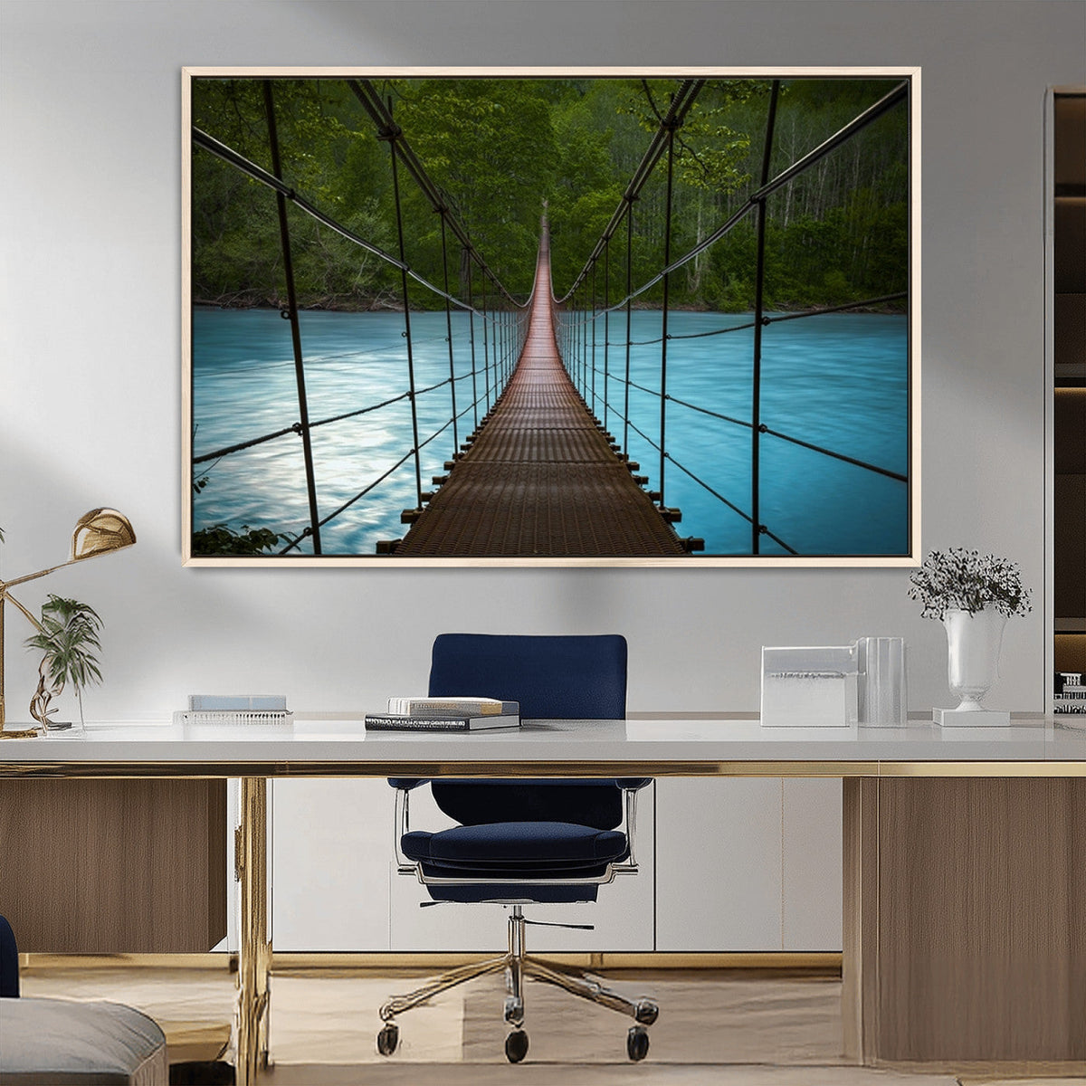 Suspension Bridge Over River Canvas Art | 3-Panel Nature Wall Art