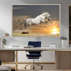 Large Wall Art Canvas Print, White Jumping Horse at Sunset