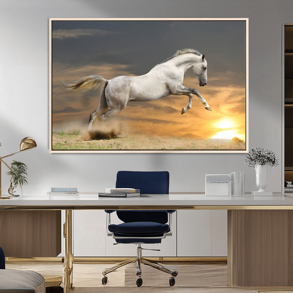 Large Wall Art Canvas Print, White Jumping Horse at Sunset