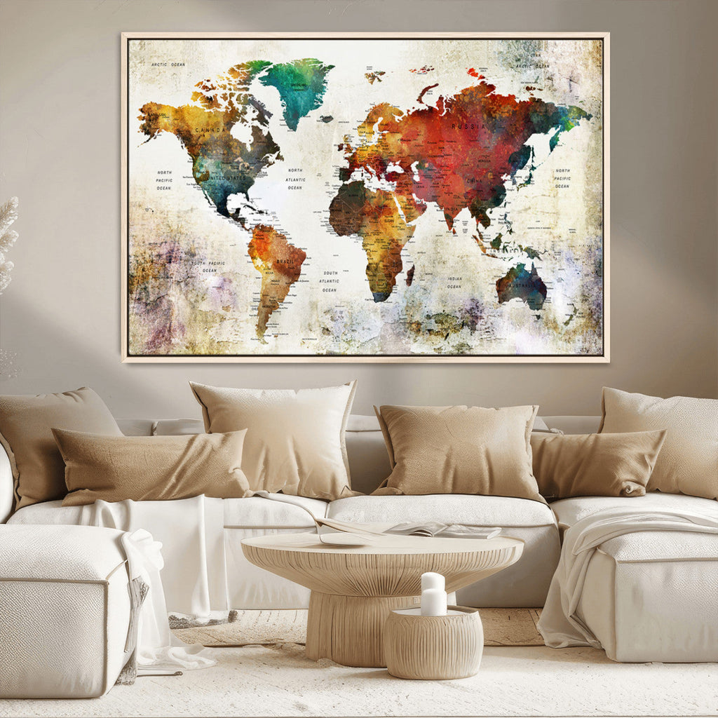 Watercolor World Map Canvas Print | Framed Travel Map Wall Art for Couples