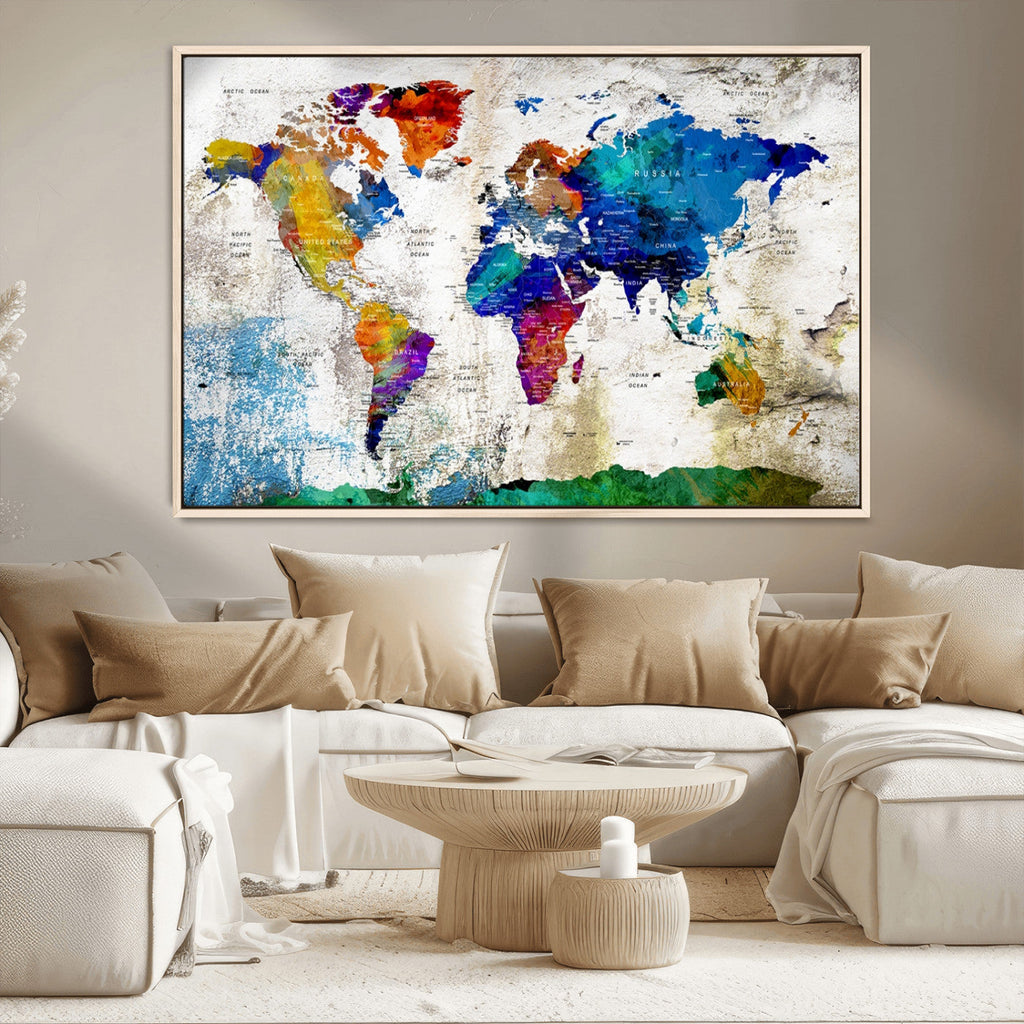 Navy Blue and Orange Watercolor World Map Canvas Print | Framed Travel Map