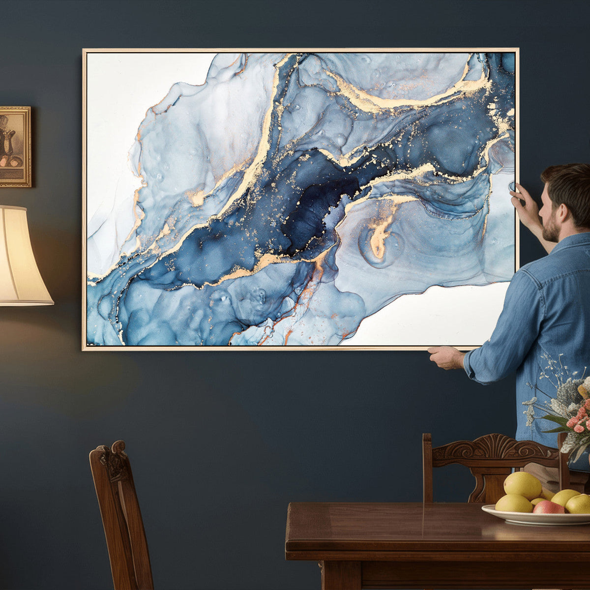 Blue Abstract Canvas Wall Art Print | Fluid Marble Effect Abstract Art