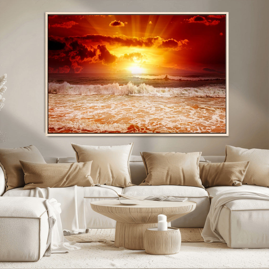 Red Sunset Ocean Beach Canvas Wall Art, Coastal Sunset Print
