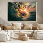 Ocean Wave Sunset Canvas Wall Art | Triptych Seascape Print