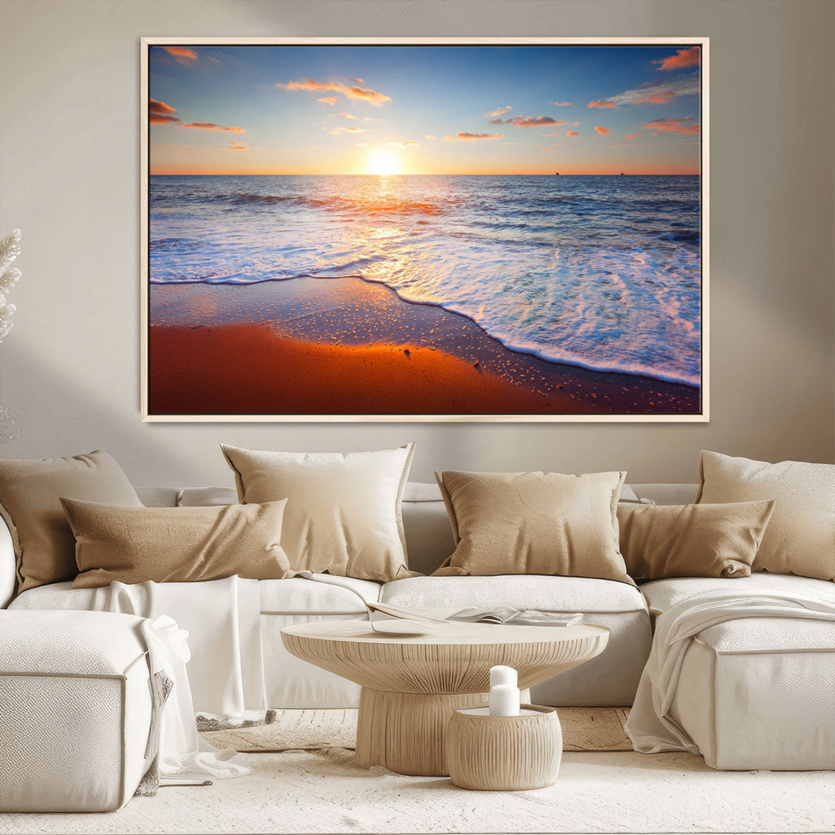 Tropical Ocean Sunset Wall Art Canvas Print, Golden Beach Horizon, Coastal Island Decor