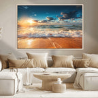 Golden Sunset Beach Triptych Canvas Art, Giclee Coastal Wall Decor, Ocean Waves Print