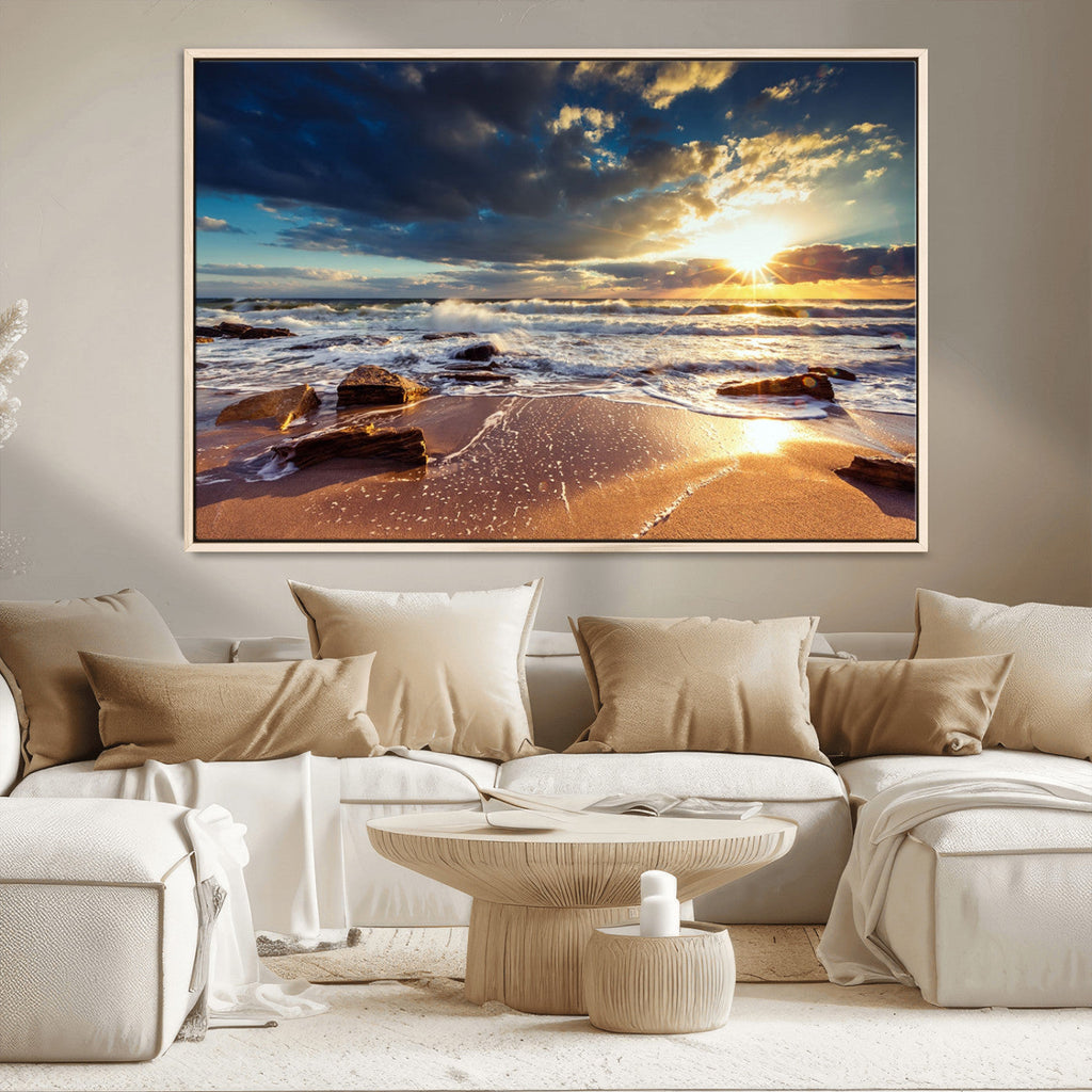 Golden Hour Beach Sunset Canvas Triptych, Ocean Waves and Rocks Wall Art