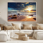 Golden Hour Beach Sunset Canvas Triptych, Ocean Waves and Rocks Wall Art