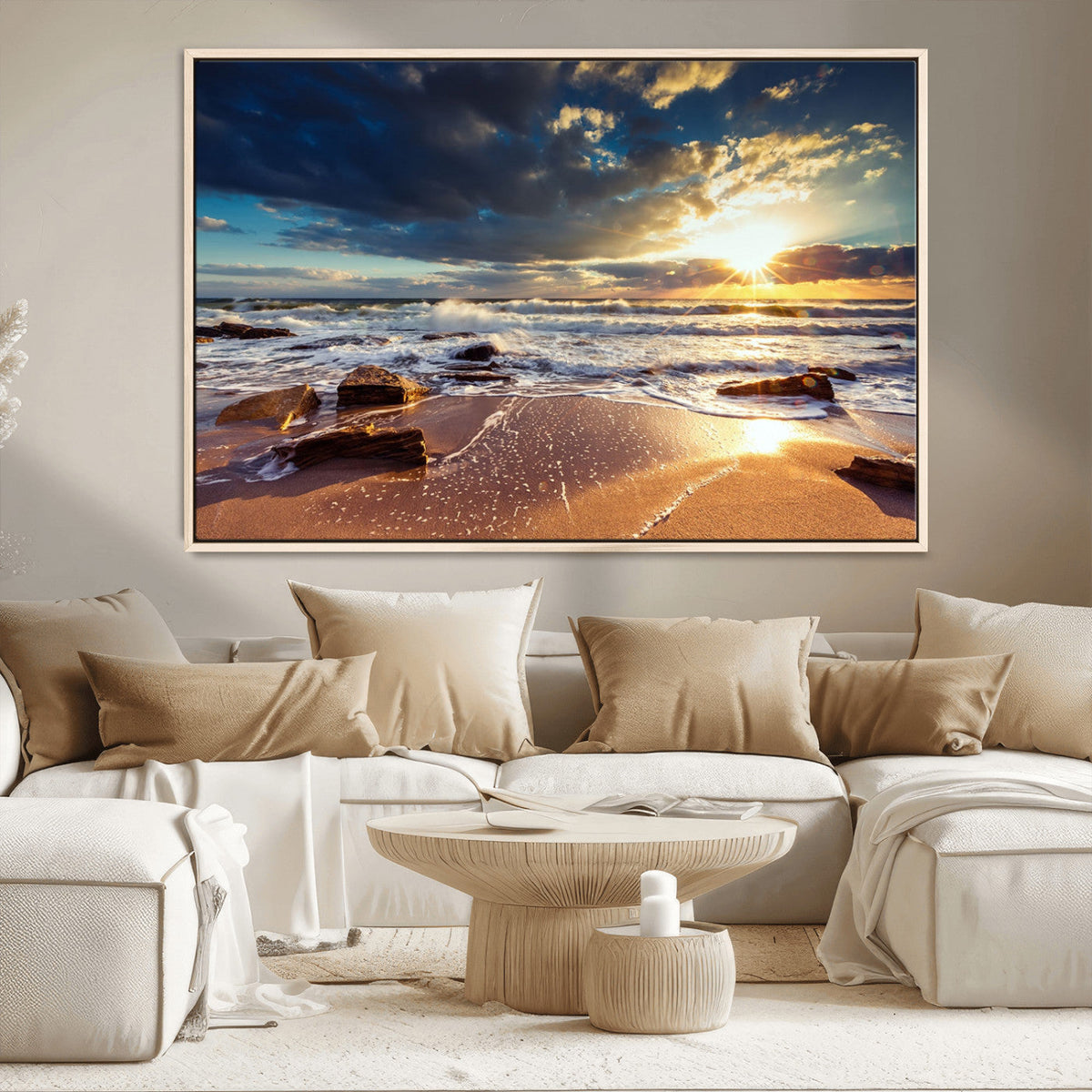 Golden Hour Beach Sunset Canvas Triptych, Ocean Waves and Rocks Wall Art