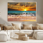 Golden Sunset Beach Canvas Wall Art | Triptych Seascape Print, Framed and Ready to Hang