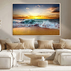 Golden Sunset Ocean Waves Wall Art Canvas Print | Multi Panel Beach Canvas Set, Coastal Triptych