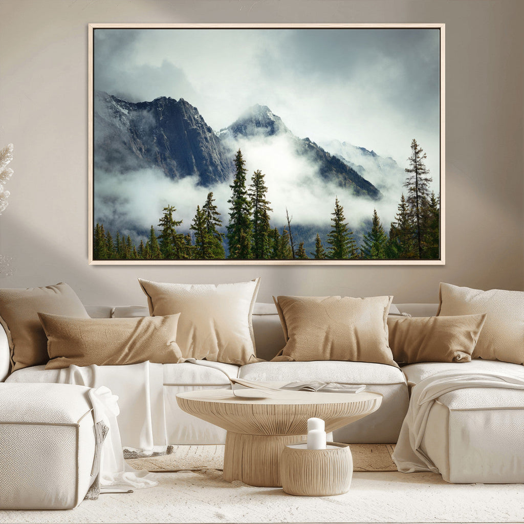 Mountain Mist Canvas Wall Art Print | 3-Panel Foggy Forest and Mountain Landscape