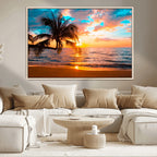 Palm Tree Sunset On The Beach Wall Art Canvas, Framed Palm Tree Sunset Canvas Print