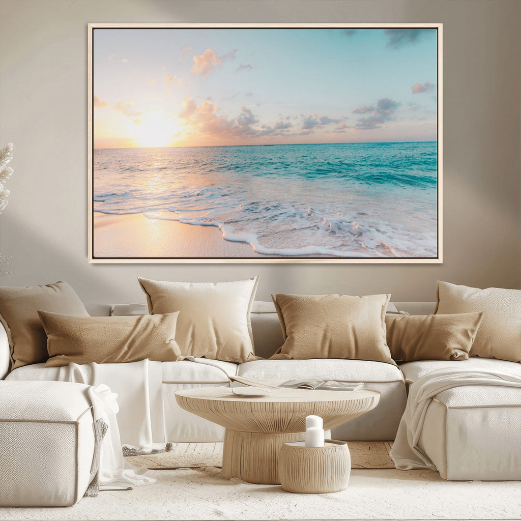 Tranquil Ocean Beach Sunset Canvas Wall Art | 3-Panel Coastal Decor