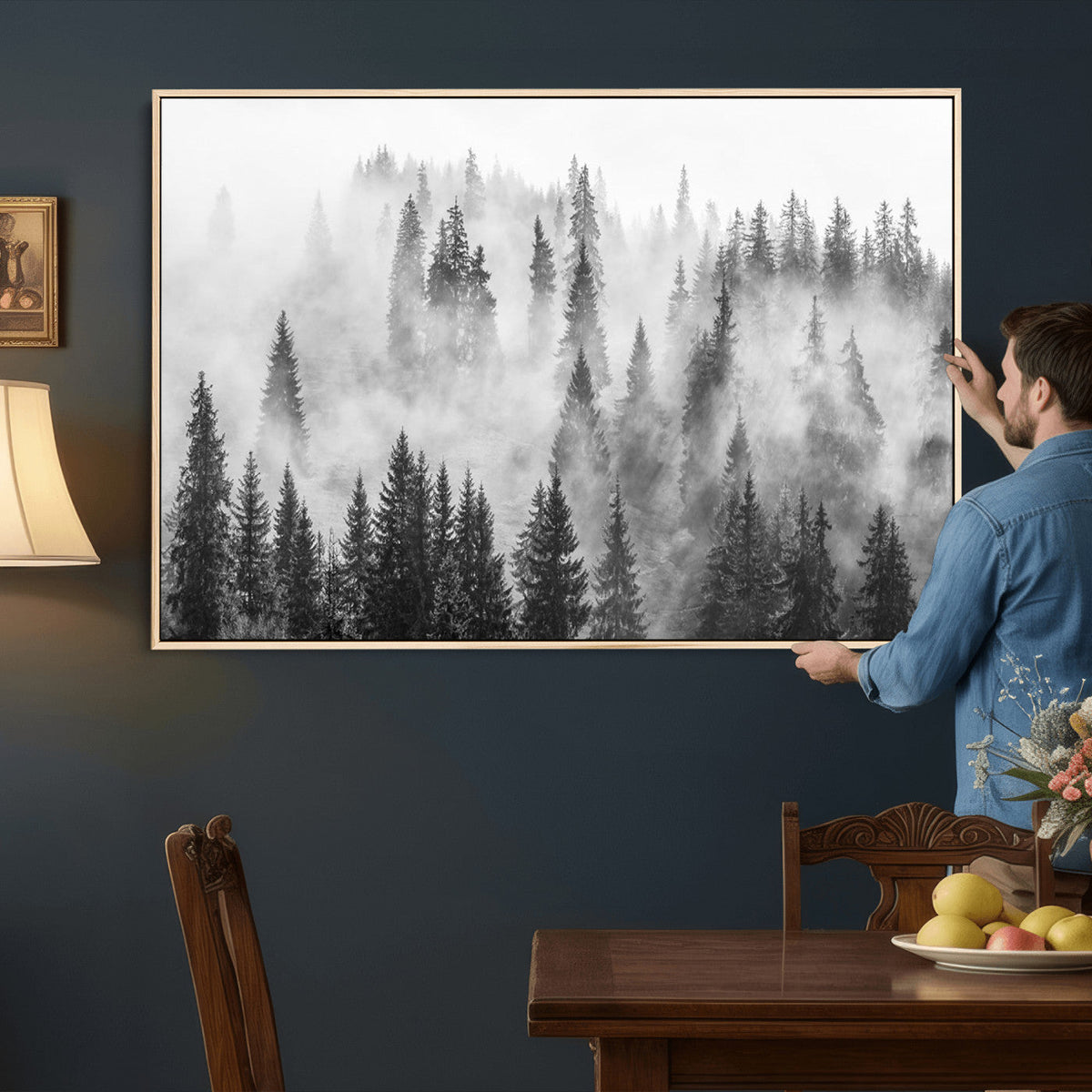 Forest Wall Art Print | Foggy Pine Forest Canvas Wall Art, Black and White Nature Decor
