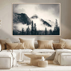 Forest Mountain Print | Black and White Canvas Wall Art with Misty Forest Design
