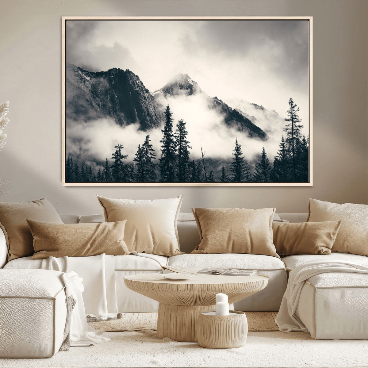 Forest Mountain Print | Black and White Canvas Wall Art with Misty Forest Design