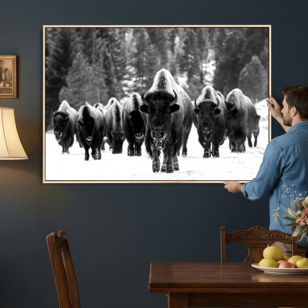 Bison Herd in Snow Wall Art Canvas Print | Rustic Western Bison Wall Art for Living Room and Farmhouse Decor