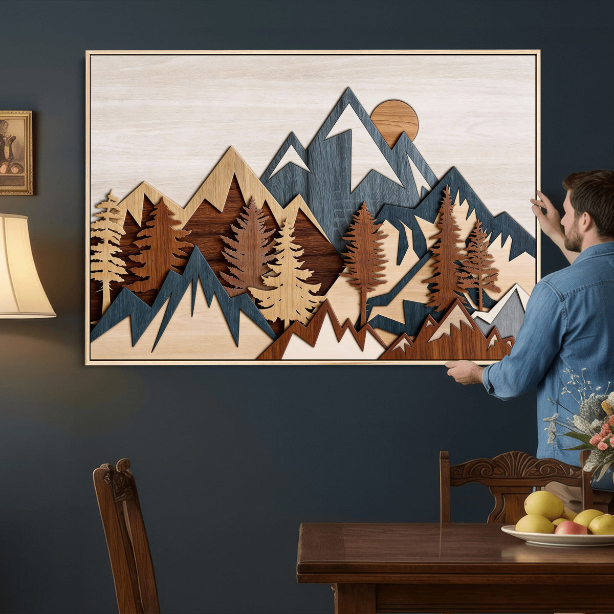 Rustic Abstract Wood Panel Effect Canvas | Mountain Range Top Wood Wall Art Canvas Print