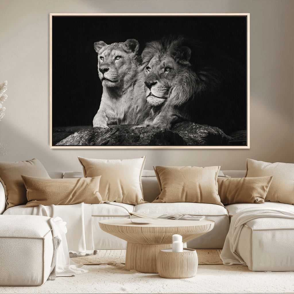 Lion Couple Wall Art Canvas Print, Elegant Black and White Wildlife Portrait