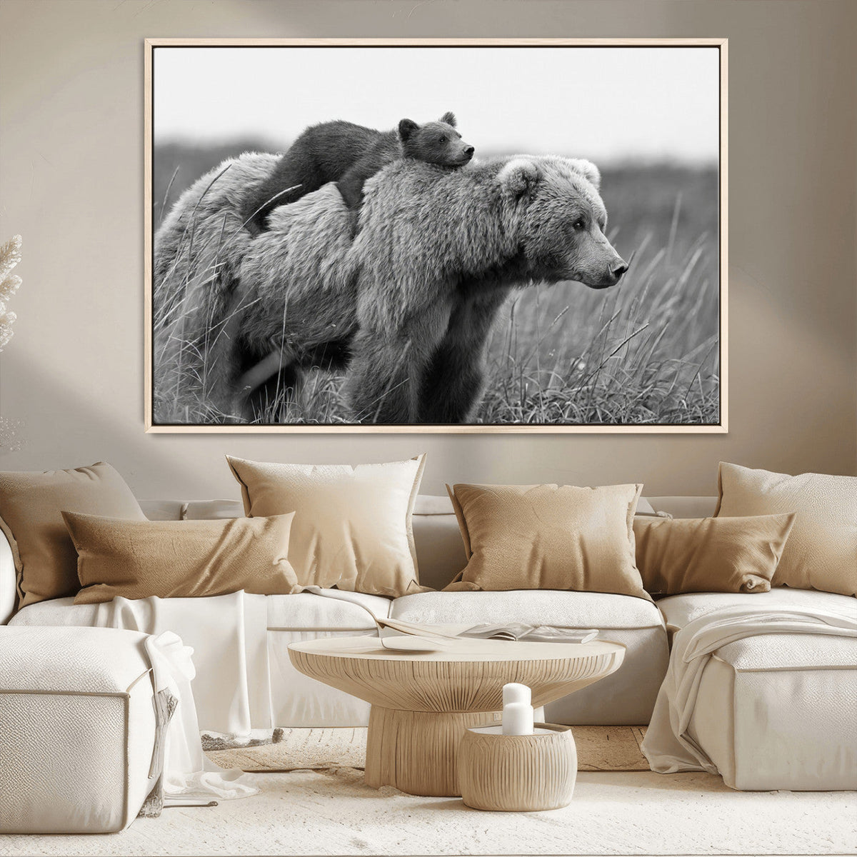 Bear and Cub Wall Art Canvas | Grizzly 399 Bear and Cub Black and White Wildlife Print