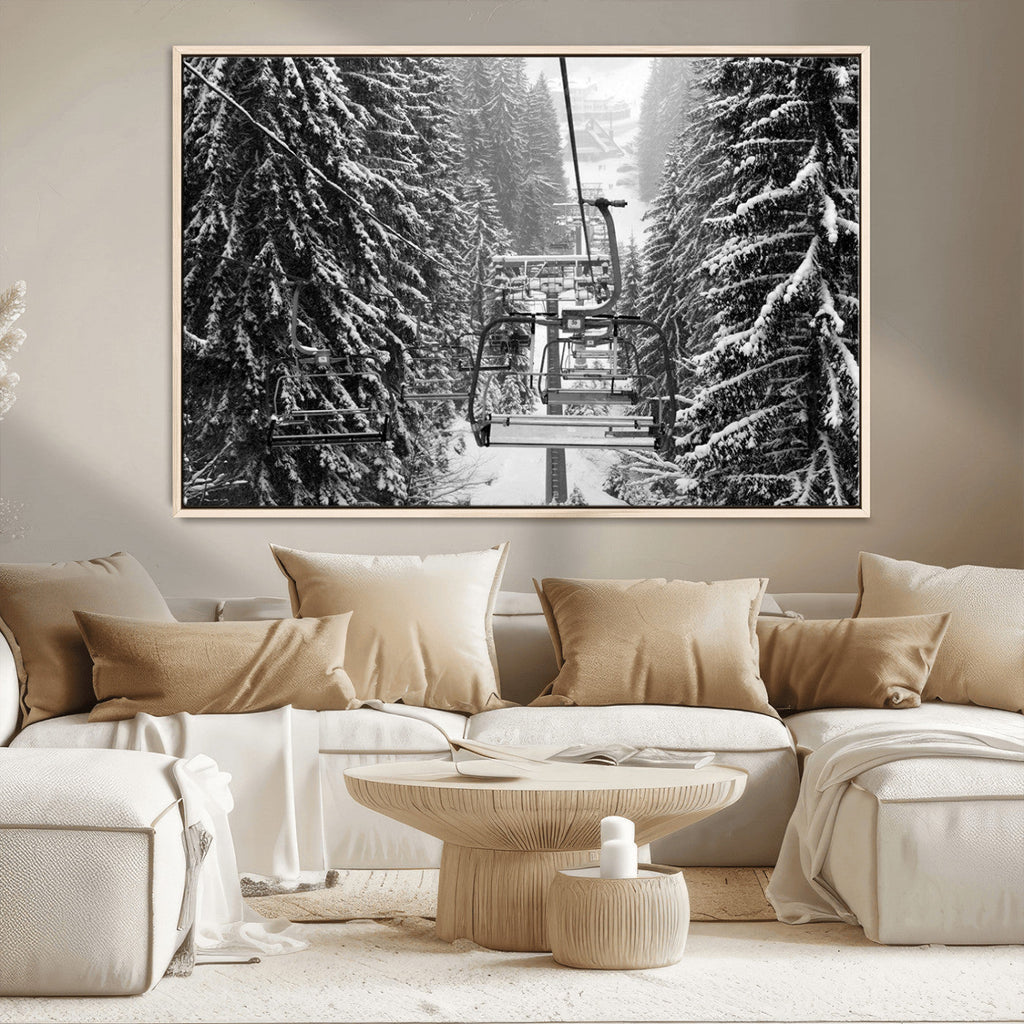 Winter Ski Lift Black and White Canvas Wall Art | Alpine Escape in Minimalist Style