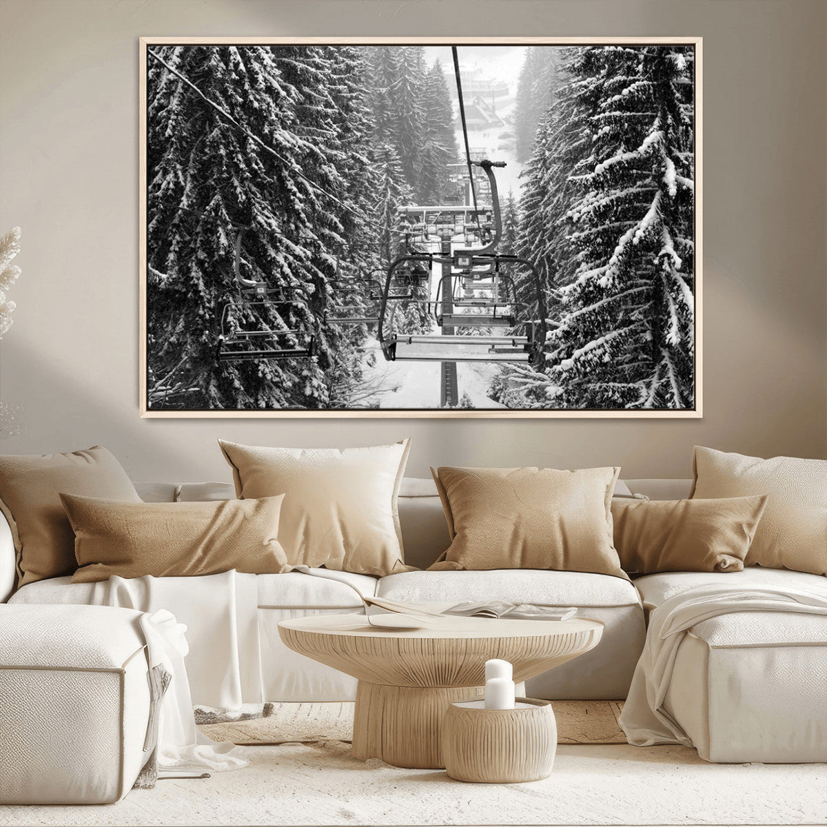 Winter Ski Lift Black and White Canvas Wall Art | Alpine Escape in Minimalist Style