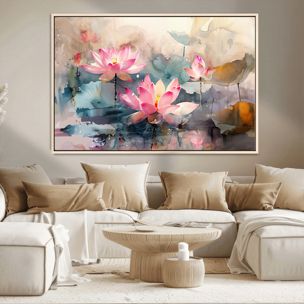 Lotus Flower Wall Art | 3 Panel Giclee Canvas Print of Pink Lotus Blossoms