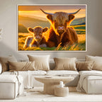 Scottish Cow and Baby Cow Canvas Wall Art Animal Print