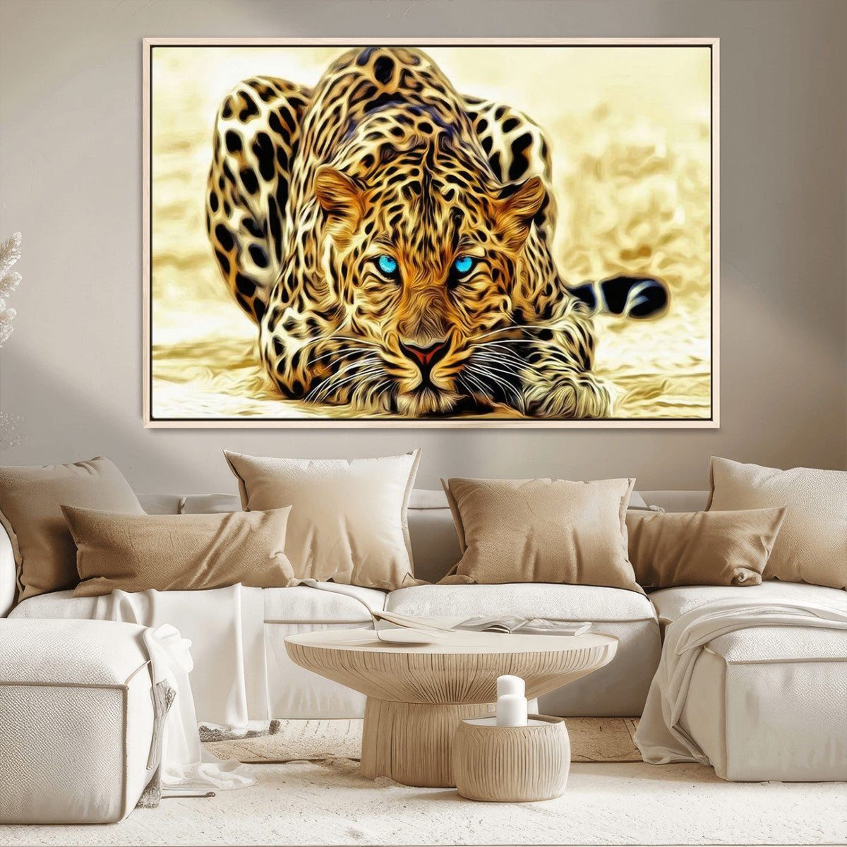 Blue-Eyed Leopard Canvas Wall Art, Framed Animal Print, Fierce and Bold Decor for Living Rooms