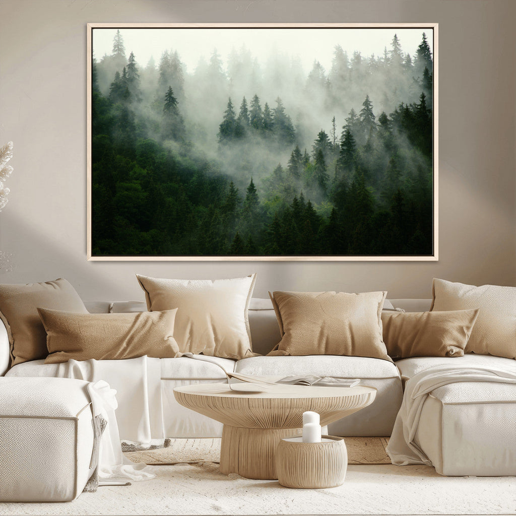 Misty Forest Wall Art | Tranquil Green Woodland Canvas Print