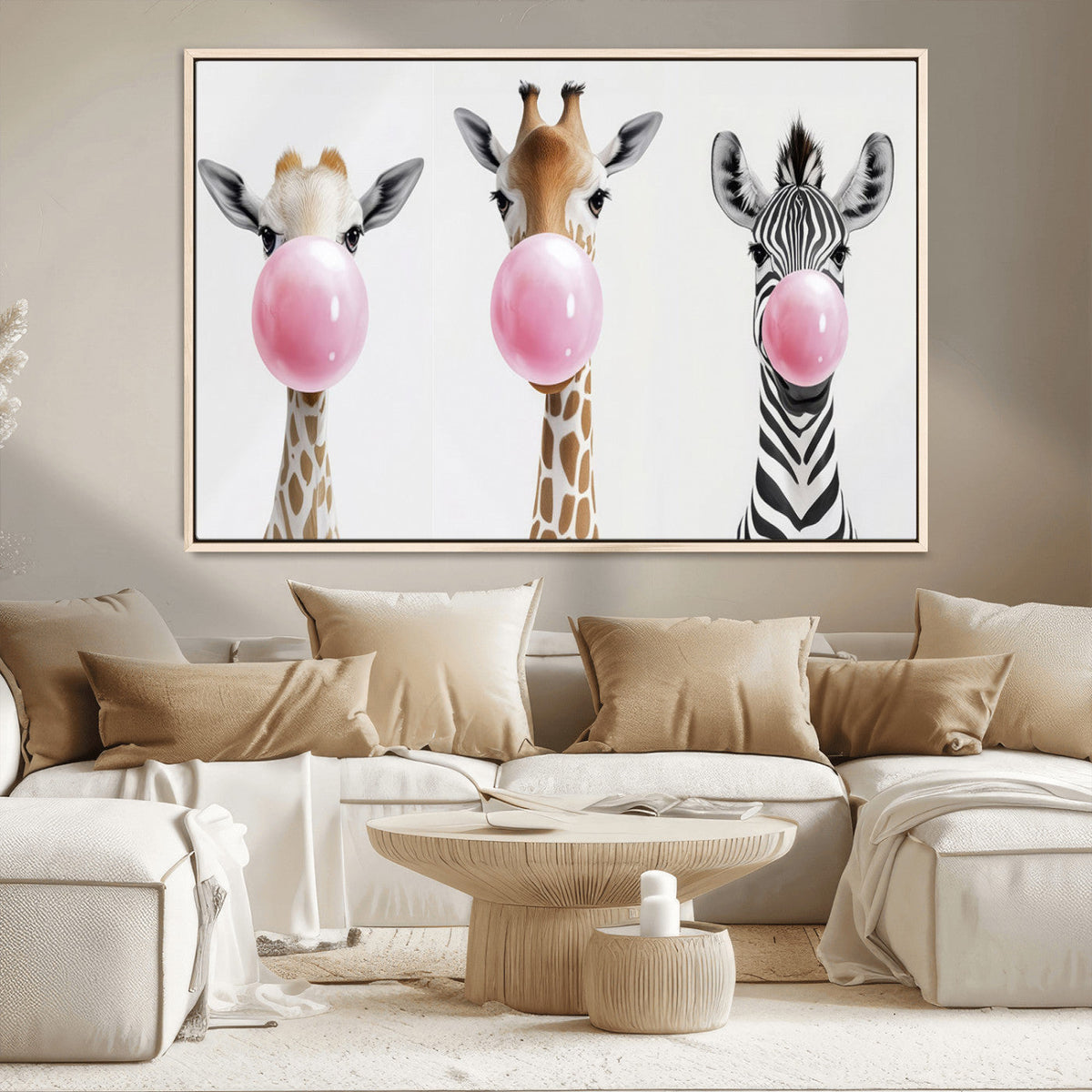 Bubblegum Animals Canvas Wall Art, Playful Giraffe and Zebra Trio, Whimsical Nursery and Kids Room Decor
