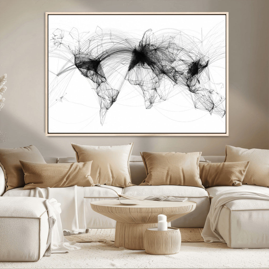 Abstract World Map Wall Art | Framed Geometric Line Canvas