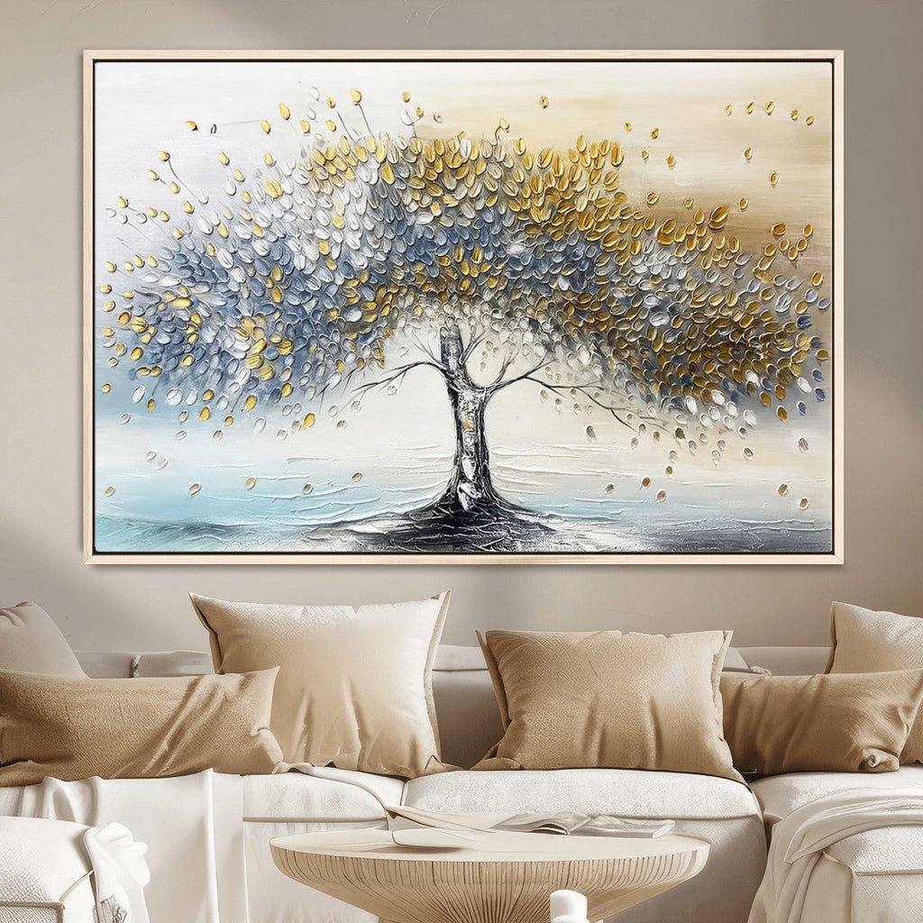 Golden and Silver Tree Wall Art | Framed Elegant Leaves Canvas