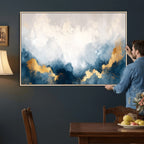 Abstract Blue and Gold Clouds Wall Art Canvas Print, Framed Modern Landscape Artwork