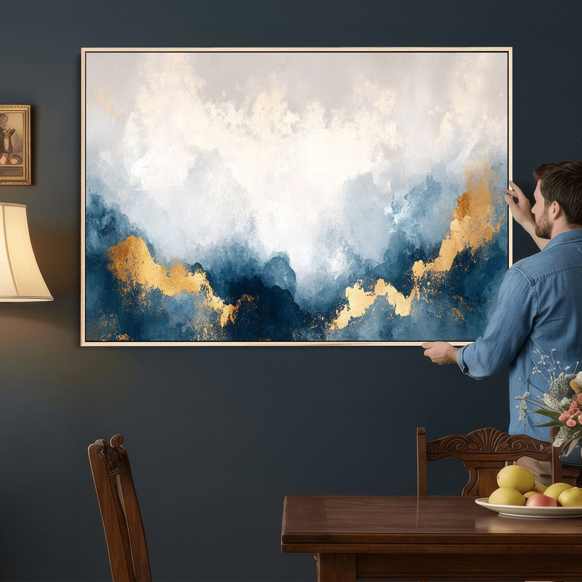 Abstract Blue and Gold Clouds Wall Art Canvas Print, Framed Modern Landscape Artwork